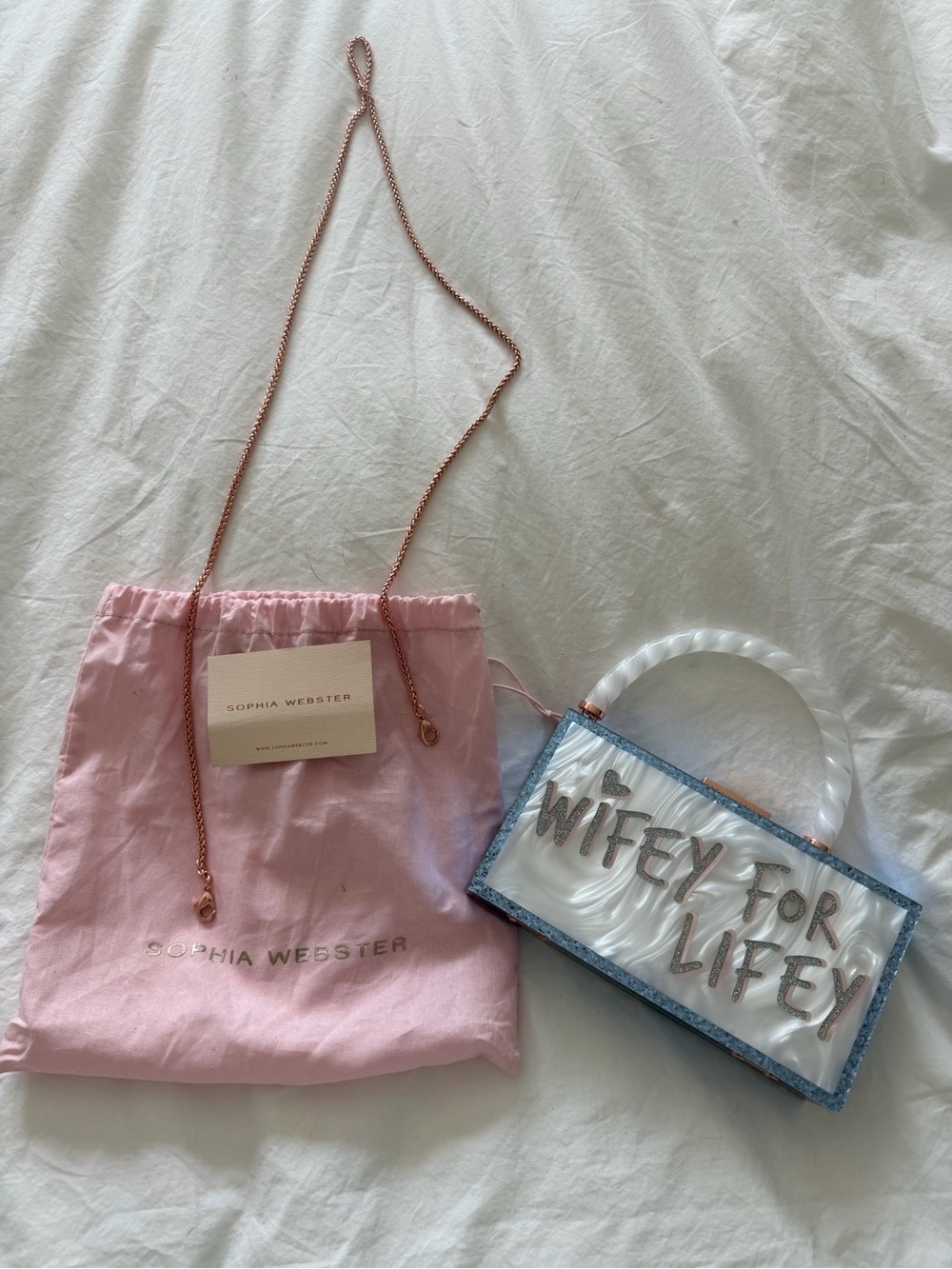 Sophia Webster 'Wifey for Lifey' Clear Acrylic Mini Bag in White and Blue